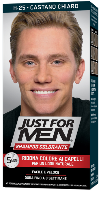 JUST FOR MEN SHAMPOO COLORANTE H25 CASTANO CHIARO ATTIVATORE CHIARO 38,5 ML + BASE COLORE 27,5 ML - doctorpill.it