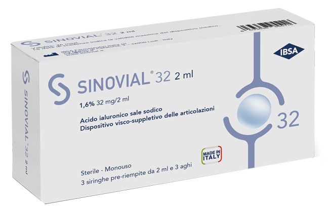 SIRINGA INTRA-ARTICOLARE SINOVIAL 32 ACIDO IALURONICO SALE SODICO 1,6% 32MG/2ML 3 SIRINGHE X 2ML + 3 AGHI - doctorpill.it