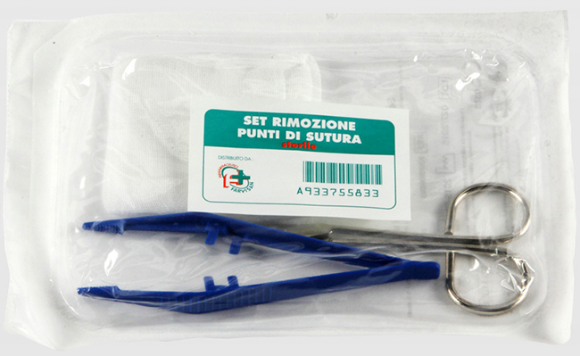 SET PER LA RIMOZIONE DEI PUNTI DI SUTURA COMPOSTO DA 1 FORBICE 1 PINZETTA 2 COMPRESSE DI GARZA DI COTONE - doctorpill.it
