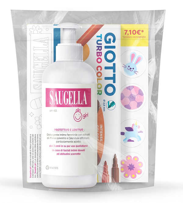 SAUGELLA BUNDLE GIRL DETERGENTE INTIMO PROTETTIVO E LENITIVO PH 4,5 200 ML + GIOTTO TURBO COLOR - doctorpill.it