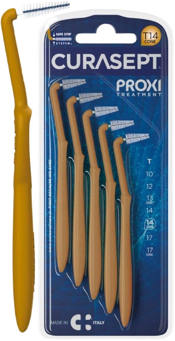 SCOVOLINO CURASEPT PROXI ANGLE MISURA T14 CONICO ISO 4 COLORE OCRA DIAMETRO 1,4 MM 5 PEZZI - doctorpill.it