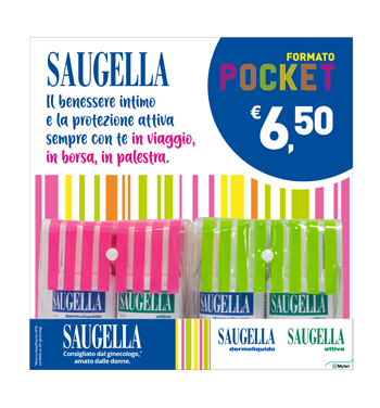 SAUGELLA POCKET ESPOSITORE 8 POCHETTE DERMOLIQUIDO 100ML + ATTIVA 100ML - doctorpill.it