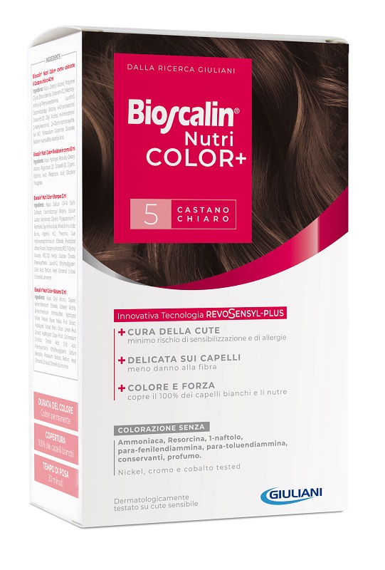 BIOSCALIN NUTRICOLOR PLUS 5 CASTANO CHIARO CREMA COLORANTE 40 ML + RIVELATORE CREMA 60 ML + SHAMPOO 12 ML + TRATTAMENTO FINALE BALSAMO 12 ML - doctorpill.it
