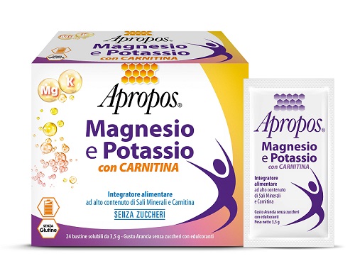 APROPOS MAGNESIO E POTASSIO CON CARNITINA 24 BUSTINE SOLUBILI DA 3,5 G GUSTO ARANCIA SENZA ZUCCHERI - doctorpill.it