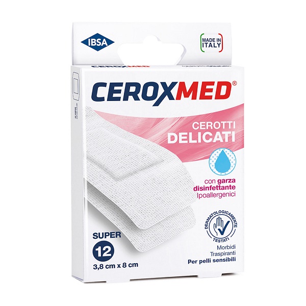 CEROTTI DELICATI CEROXMED CON GARZA DISINFETTANTE IPOALLERGENICI PER PELLI SENSIBILI SUPER 3,8X8CM 12 PEZZI - doctorpill.it