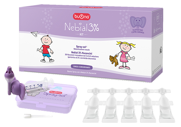 NEBIAL 3% KIT 20 FLACONCINI MONODOSE 5ML SOLUZIONE IPERTONICA CON ACIDO IALURONICO + NEBULIZZATORE SPRAY-SOL - doctorpill.it