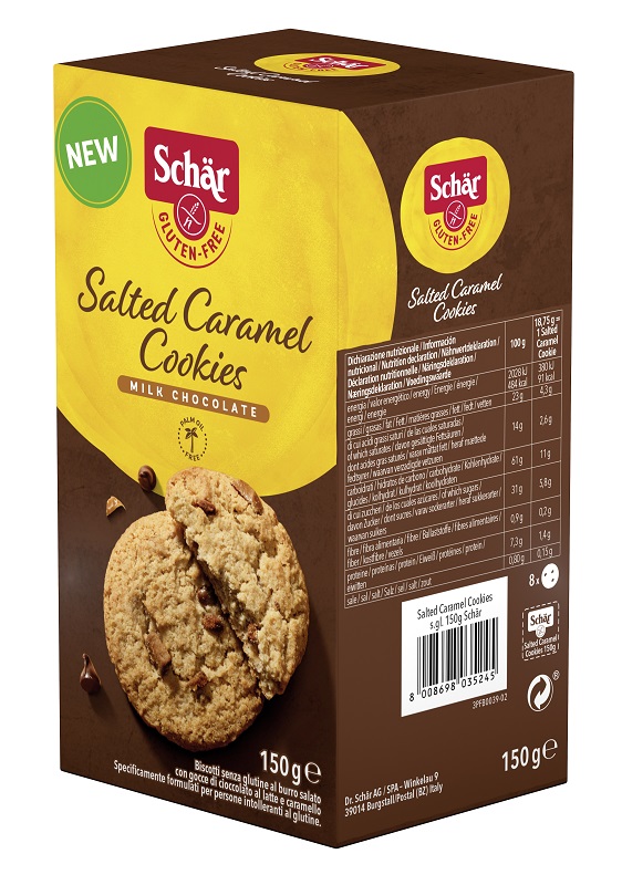 SCHAR SALTED CARAMEL COOKIES CON GOCCE DI CIOCCOLATO AL LATTE E CARAMELLO 150 G - doctorpill.it