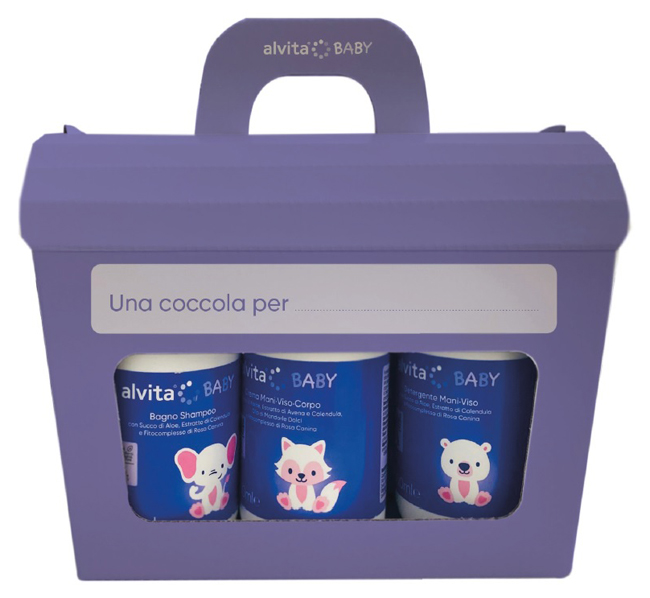 ALVITA COFANETTO BABY 5 PEZZI 1 BAGNO SHAMPOO 300 ML + 1 CREMA VISO CORPO 300 ML + 1 DETERGENTE MANI VISO 300 ML + 1 PASTA OSSIDO ZINCO 100 ML + SALVIETTE PURE WATER 60 PEZZI - doctorpill.it