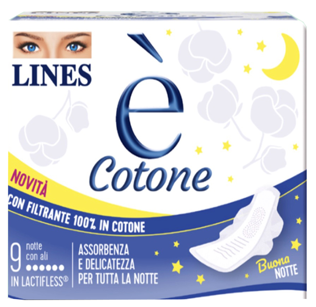 LINES E' COTONE ALI ASSORBENTE ESTERNO NOTTE 9 PEZZI - doctorpill.it