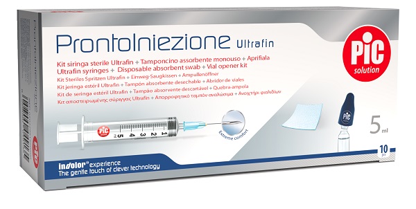 PRONTOINIEZIONE ULTRAFIN KIT SIRINGA STERILE 5 ML GAUGE 23 10 PEZZI + TAMPONCINO ASSORBENTE MONOUSO + APRIFIALA - doctorpill.it